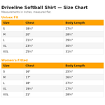 Driveline Softball Shirt size chart. Measurements in inches, measured flat. Unisex Fit chest/body length — S 18½/27½, M 20/28½, L 21½/29½, XL 23½/30½, XXL 25½/31½. Women's Fitted — S 16/25⅞, M 17/26½, L 18/27⅛, XL 19½/27¾, XXL 21/28⅜.